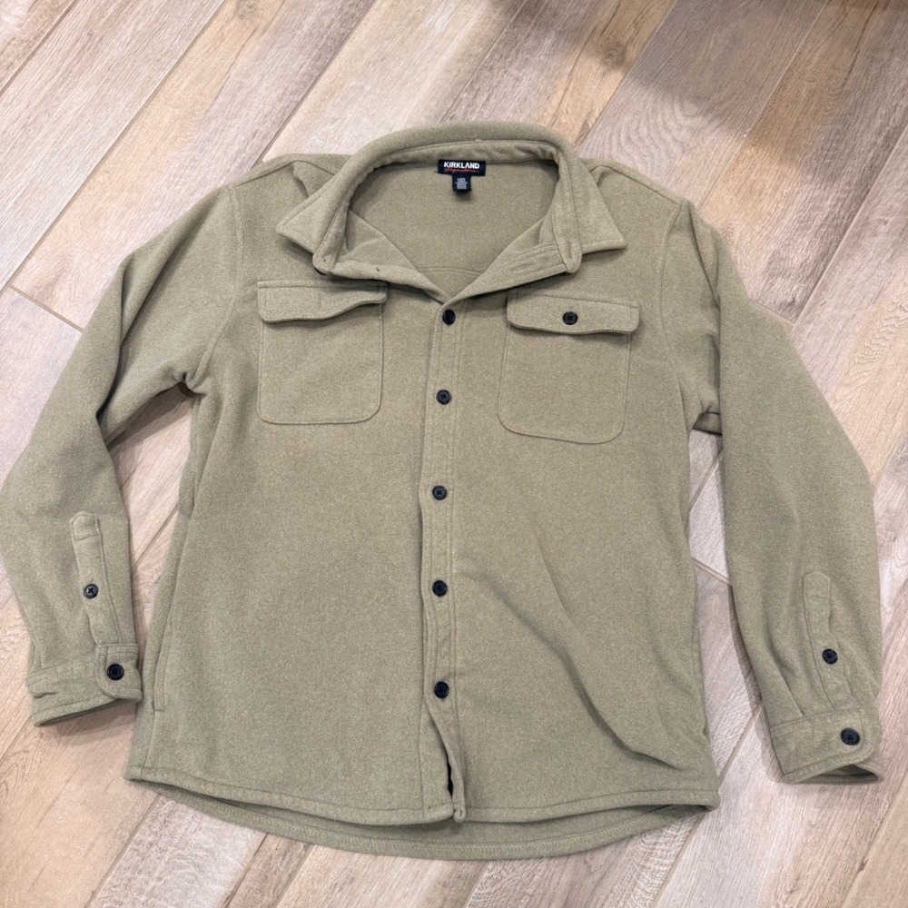 Kirkland Signature Mens Fleece Shirt Jacket Olive Green Large Button Up Shacket